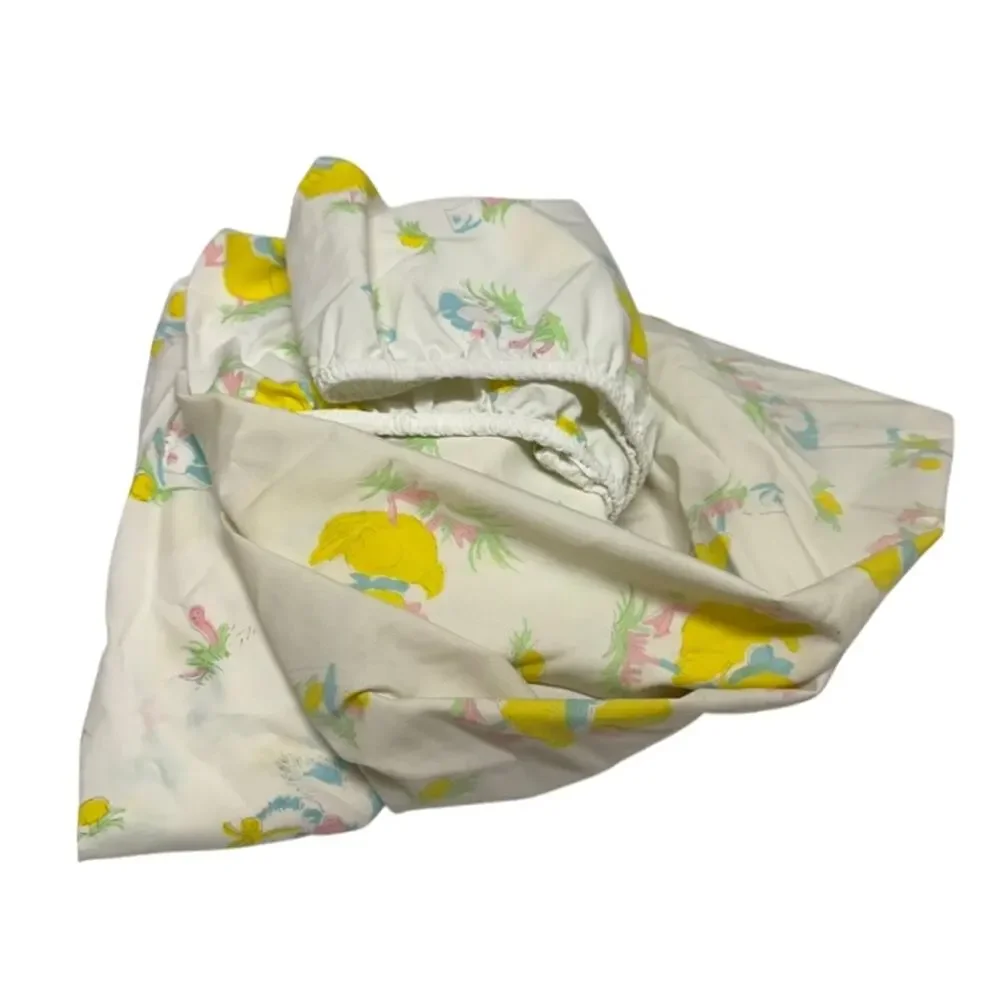 Vintage Cotton Crib Sheet Yellow White Pink Ducks Birds‎ Green Blue